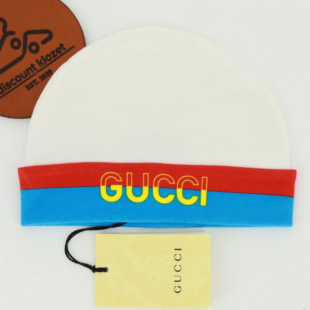 Gucci Baby White Cotton Jersey Logo Stripe Beanie‎ Hat Size Small NWT